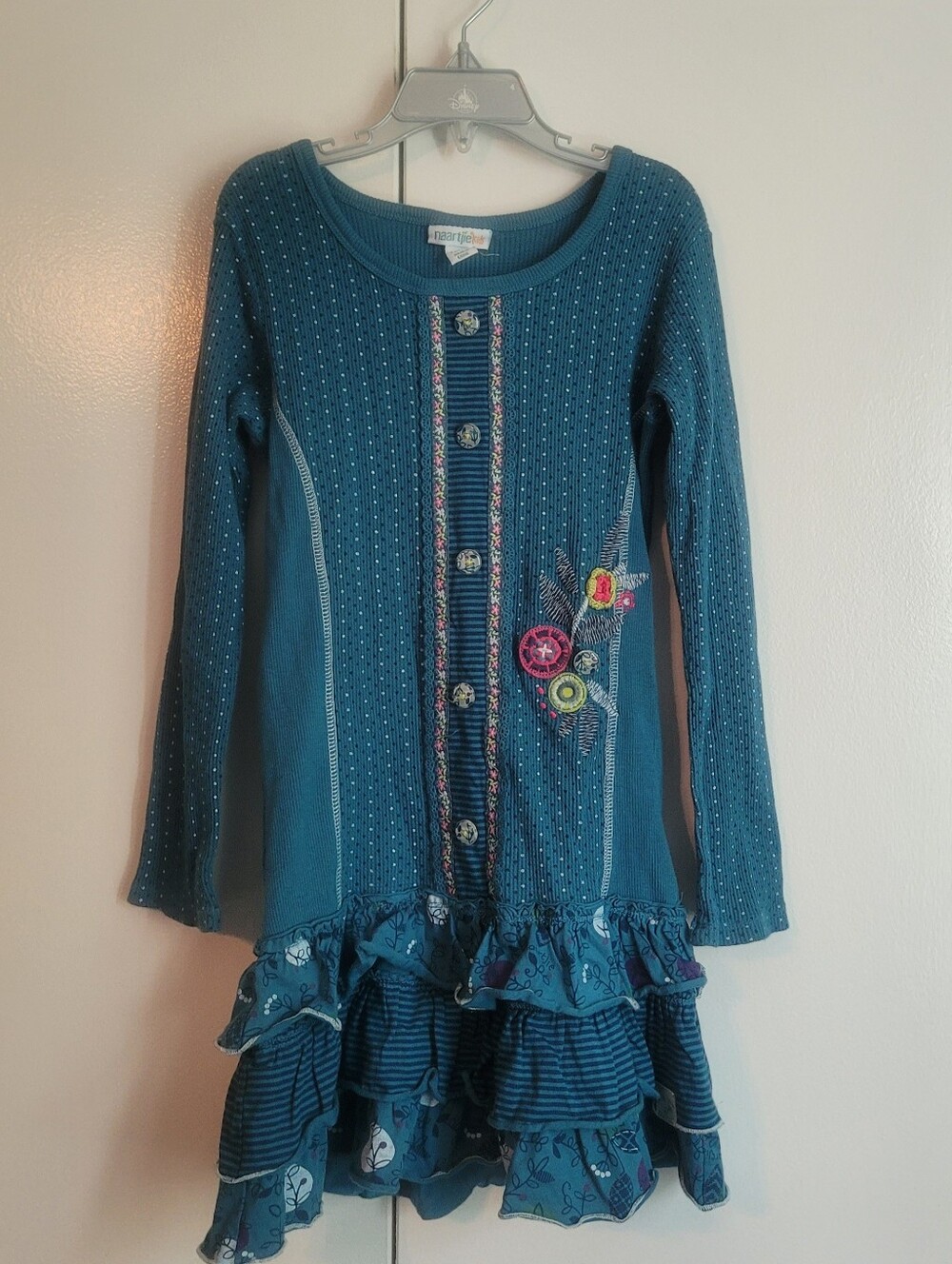 7/8 Teal Naartjie Kids Dress Floral Embroidery